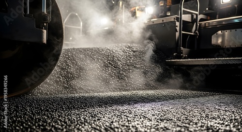 Asphalt paving machine compacting hot asphalt on a road construction site.