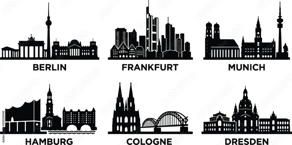 Naklejka premium 2026 German City Skylines Vector Bundle: Set of 6 Black Silhouette Cityscapes Including Berlin, Munich, and Frankfurt Isolated on White