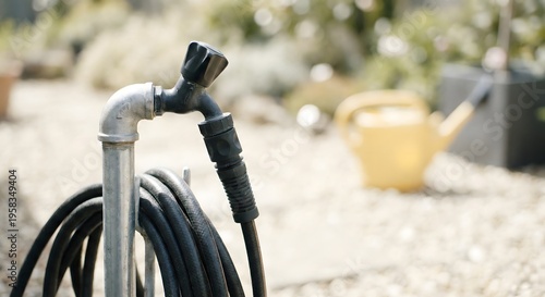 Modern silver metal garden standpipe with black plastic tap and hose in a bright outdoor backyard during a sunny day, professional landscaping maintenance with grey gravel and yellow watering can.