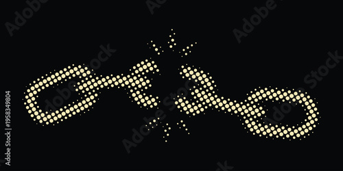 Broken chain halftone pattern, beige dotted symbol on black background, connection failure concept