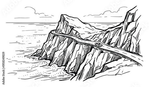 Cliff road drawing with car illustration, winding road on coastal cliffs with ocean view sketch style