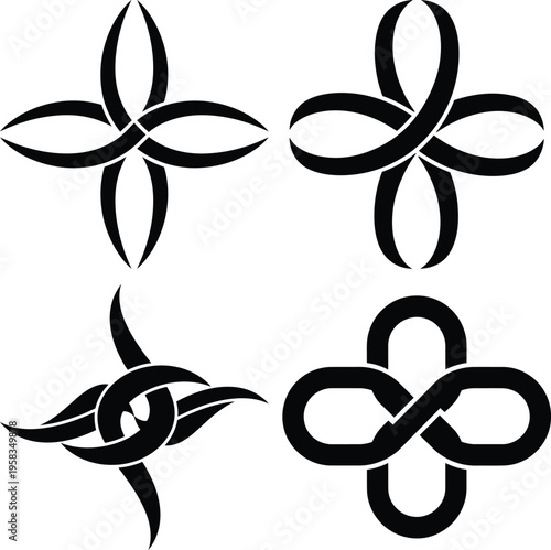 Four black abstract interwoven knot symbols on white background