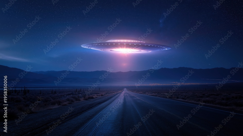 Fototapeta premium Mysterious UFO Hovering Over Desert Road