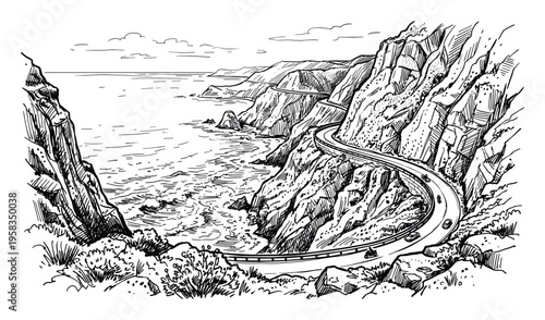 Coastal highway road illustration with cliffside ocean view and car travel