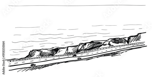 Coastal highway sketch with cars near cliffside and ocean view