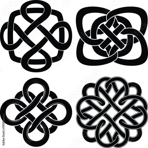 Four black Celtic knot on white background symbol pattern 3