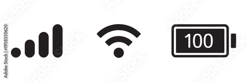 Phone status bar icons set, battery signal wifi icons, simple iOS notification bar symbols, vector illustration UI design