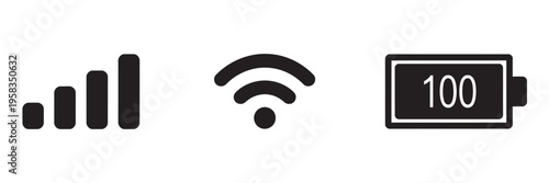 Phone status bar icons set, battery signal wifi icons, simple iOS notification bar symbols, vector illustration UI design