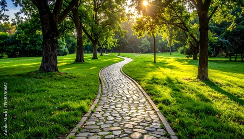 A Winding Stone Path Through a Lush Green Park at Sunrise.