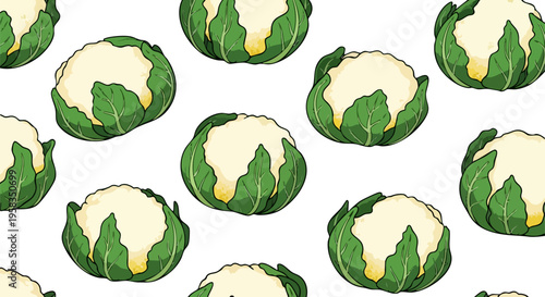 Seamless pattern of fresh white cauliflower heads with green leaves on a clean background vector
