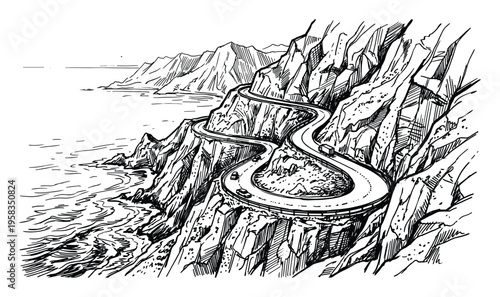 Mountain road winding along the coast with sea view and rugged cliffs landscape