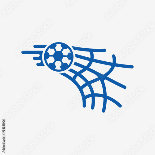 Blue soccer ball hitting goal net icon