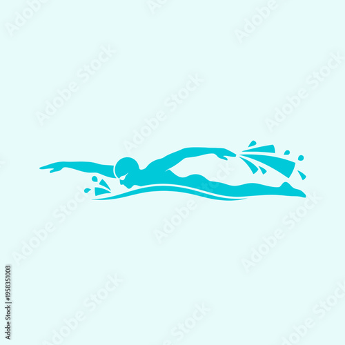 Blue swimmer silhouette doing freestyle in water