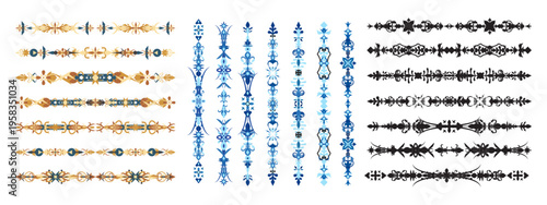 Certificate border and ornamental divider collection vector illustration. ornamental flourishes and frame elements for classic document decoration. Editable stroke.