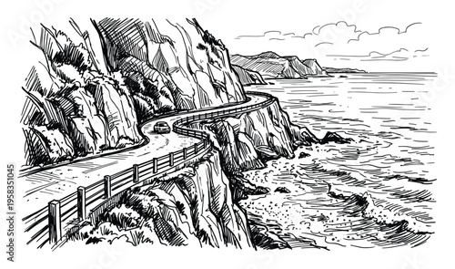 Scenic coastal road illustration with cliffs and ocean waves, featuring a lone car on a winding road