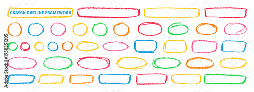 Crayon outline ovals, circles and ellipses set. Pencil hand drawn emphasis elements, freehand line art frames. Doodle style chalk sketches rough thin borders round shapes highlights handwritten frame