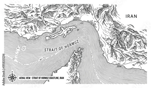 Strait of Hormuz coastline aerial view map of Iran