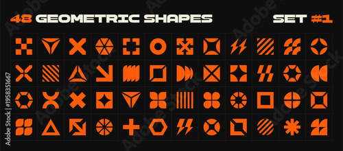 Collection of different abstract geometric elements. Brutalist style different shapes, symbols and logos placed in grid. Modern vector illustration 