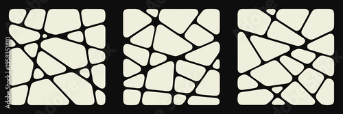Collection of abstract geometric broken shapes forming squares. Monochrome Voronoi chaotic crack pattern.  Modern vector illustration 