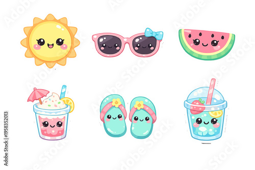 Cute summer stickers: sun, sunglasses, watermelon, drink, sandals, slush