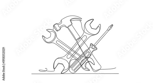 Continuous line art of various hand tools on white background
