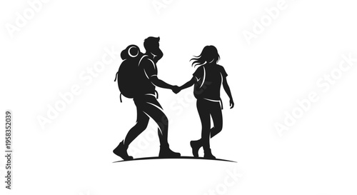 Couple hiking together holding hands with backpacks silhouette