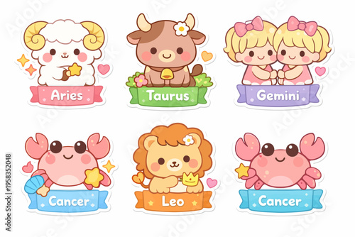 Cute zodiac characters: aries, taurus, gemini, cancer, leo for kids