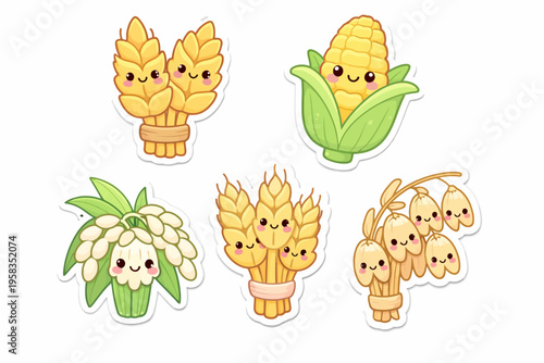 Cute cartoon kawaii vegetables and fruits with smiling faces