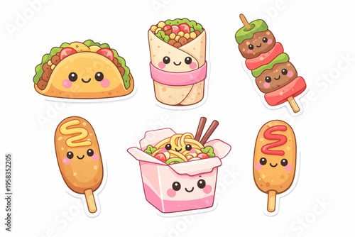 Cute kawaii food stickers featuring taco, burrito, kebab, corn dog, and noodles