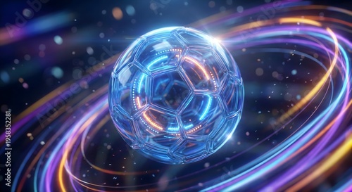 Futuristic translucent blue glass soccer ball with glowing hexagonal patterns on a high-energy abstract background of purple light trails and yellow energy waves for a digital sports concept.