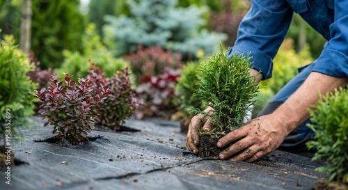 Professional adult male landscaper in green work pants planting small evergreen shrubs through black weed barrier fabric in an outdoor garden during the day, focus on hands and plants