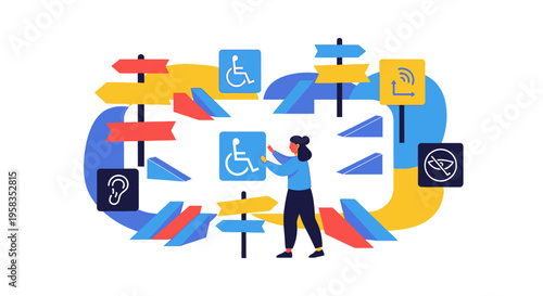 Person interacting with accessibility and directional signs.