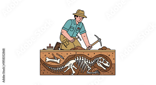 Paleontologist excavating dinosaur skeleton fossil discovery.