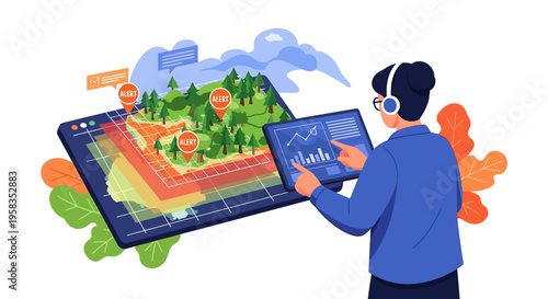 Person interacting with augmented reality interface displaying a virtual world.