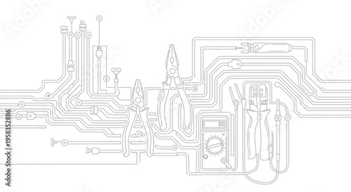 Electronic circuit with tools on a white background