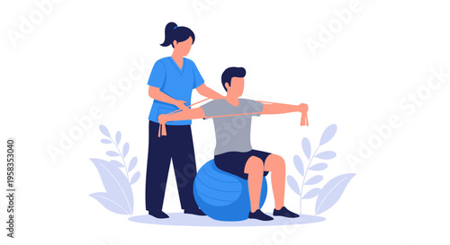 Physical therapist assisting patient with exercise on stability ball.