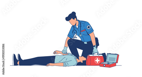 Paramedic performing CPR on unconscious patient with medical kit nearby.