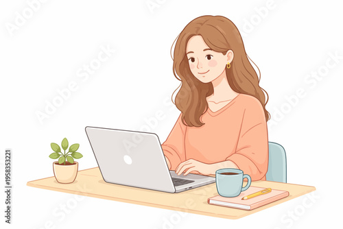 Young caucasian female working on laptop at desk with coffee and plant