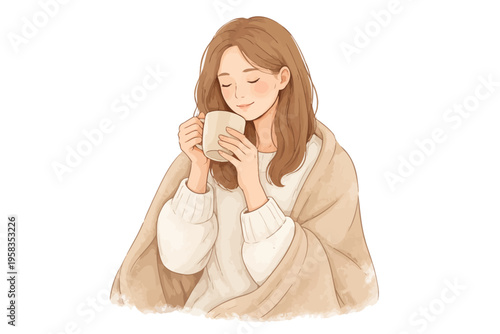 Young caucasian female relaxing with hot beverage in cozy blanket