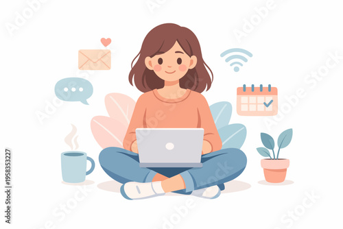 Young caucasian female working on laptop surrounded by digital icons