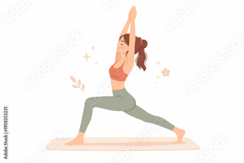 Young caucasian female practicing yoga in warrior pose on mat with floral accents