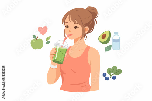 Young caucasian female enjoying a healthy smoothie with avocado and berries