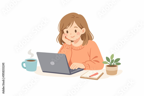 Young caucasian female working on laptop with coffee and notebook at desk