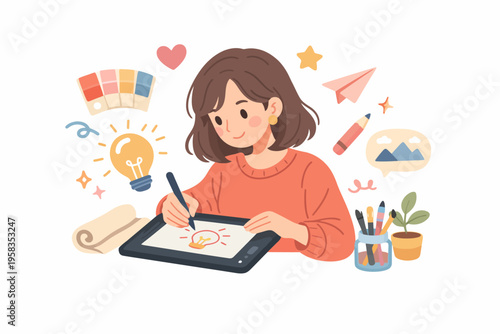 Young caucasian female artist creating digital art with tablet and stylus