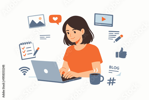 Young adult asian female blogger working on laptop with digital icons