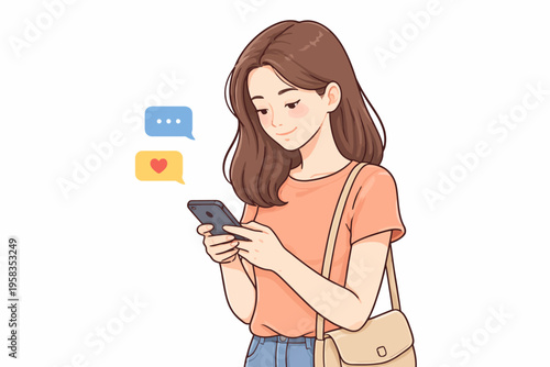 Young asian female teen engaged with smartphone messaging on white background