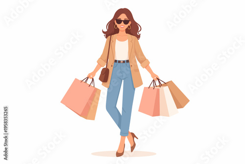 Fashionable young adult hispanic female with shopping bags and sunglasses