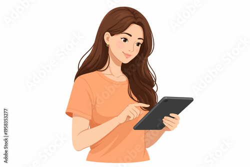 Young hispanic female engaged with digital tablet in orange t-shirt