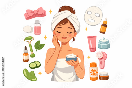 Young female with skincare products and beauty tools