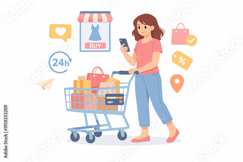 Young caucasian female shopping online while pushing a cart full of packages